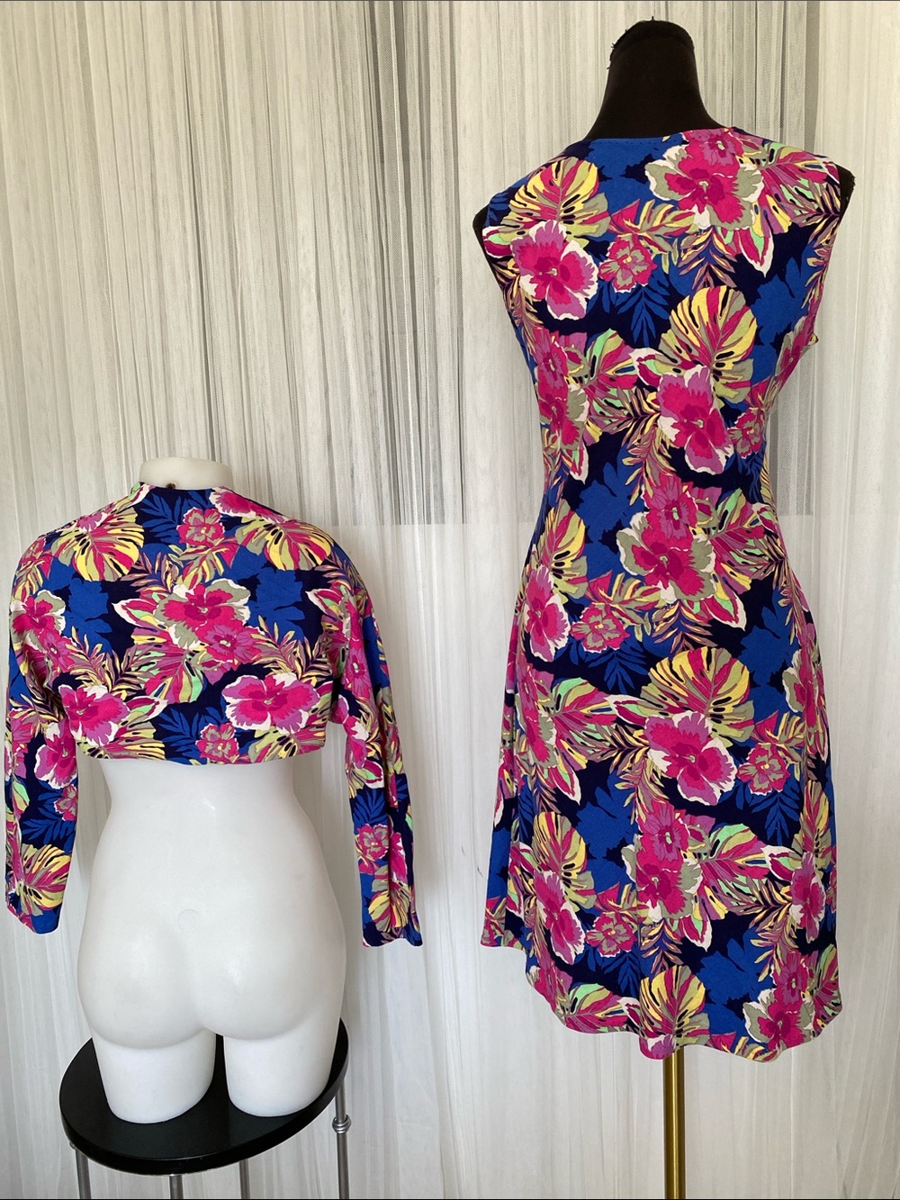 Handmade Tropical Floral A-Line Cotton Dress with Matching Bolero - Blue & Pink - Picture 5 of 8